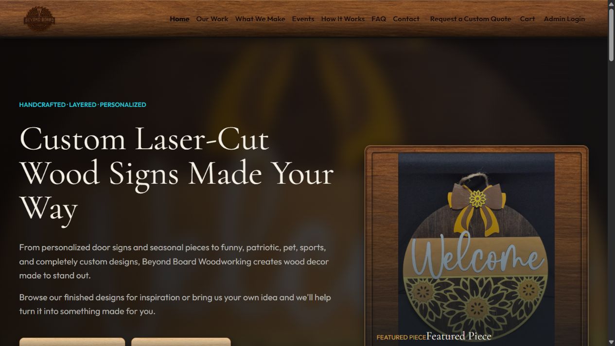 Actual Beyond Board Woodworking homepage showing custom wood signs and the gallery journey