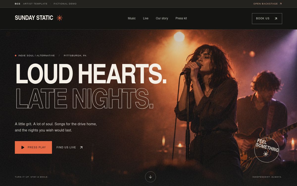 Actual Sunday Static artist website concept with Loud Hearts, Late Nights headline and concert imagery